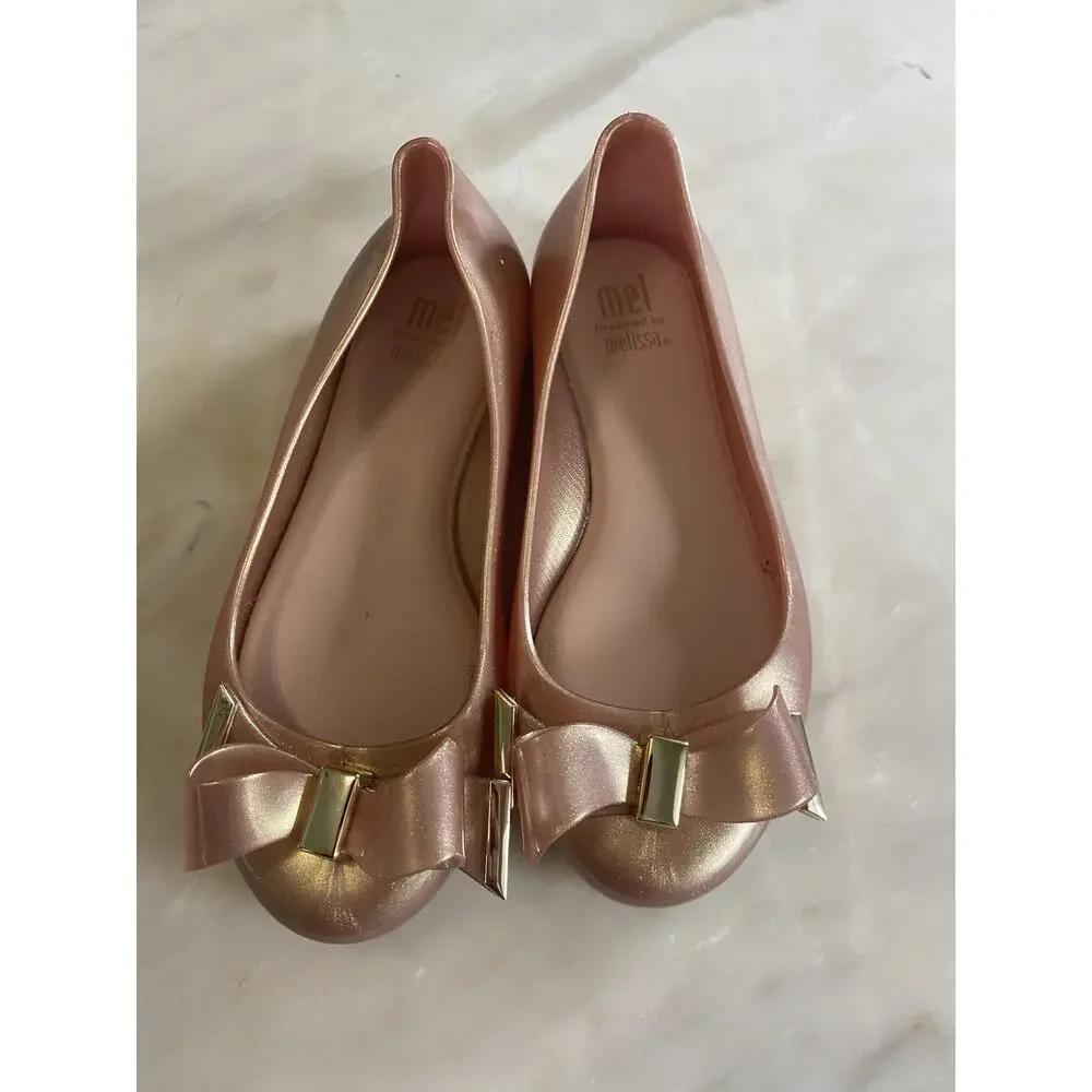 Mini melissa Mel dreamed by melissa rose gold Pink Bow Flat Ballet Girls us 11